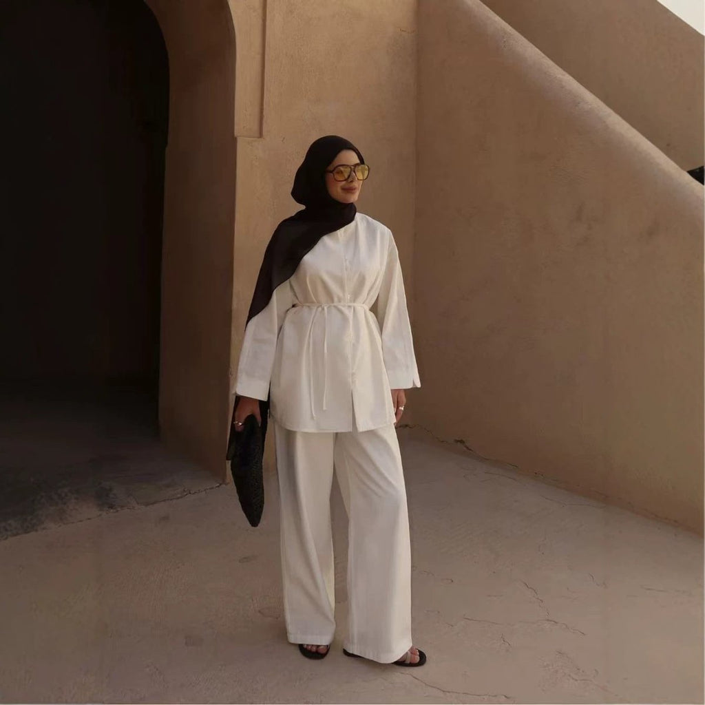 PrimaKind Button-Front Longline Top & Wide-Leg Trouser Set