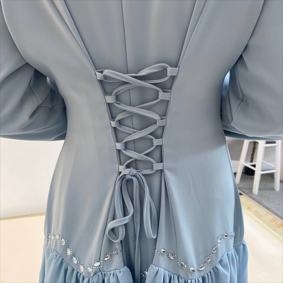 Primakind Crystal Waist Chain Dress with Ruffle Cuffs