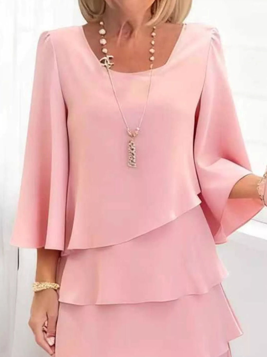 Primakind Full Size Ruffled Layered 3/4 Sleeve Dress Plus Size