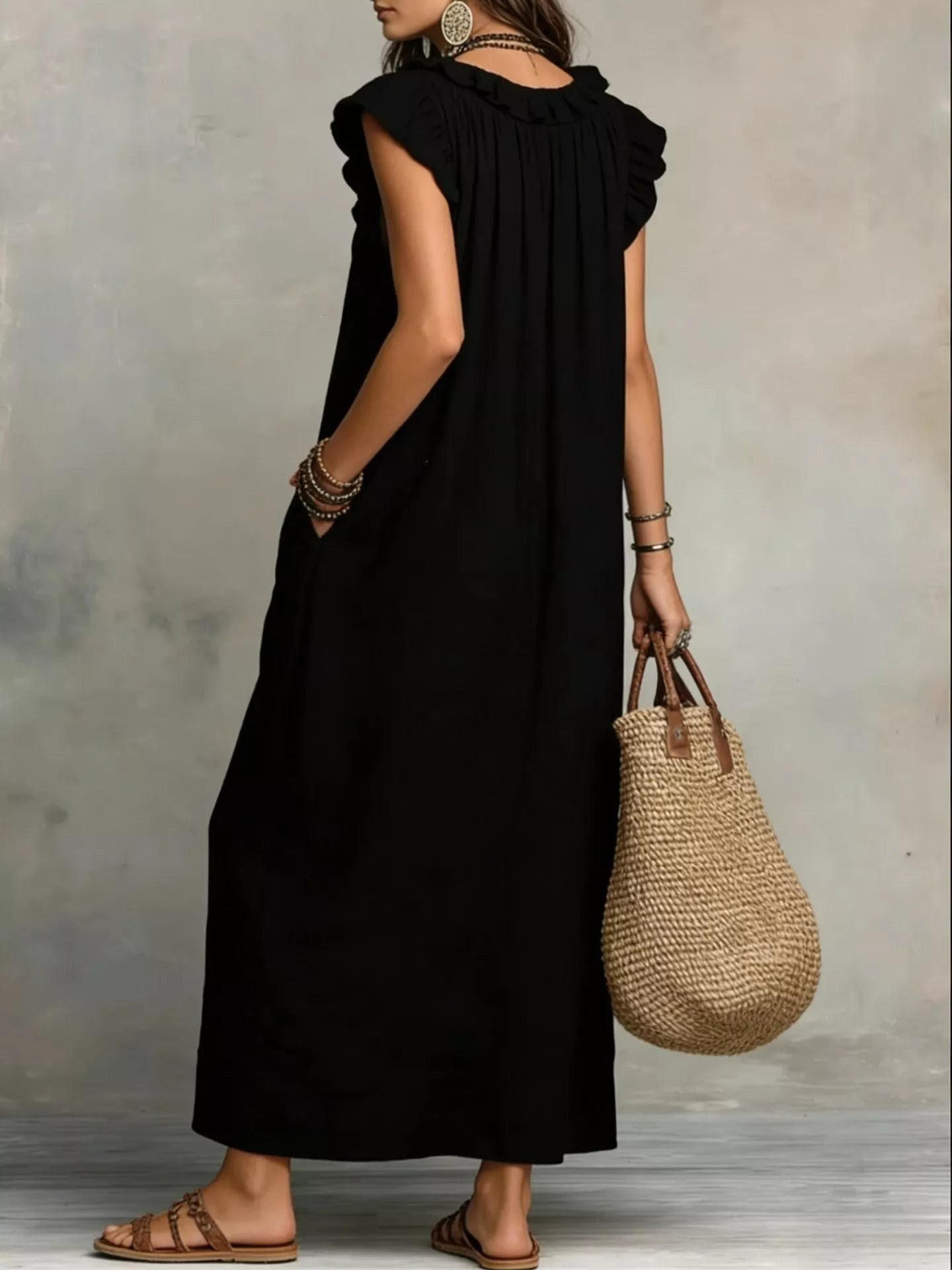 Primakind Full Size Ruffled V-Neck Cap Sleeve Maxi Dress Plus Size