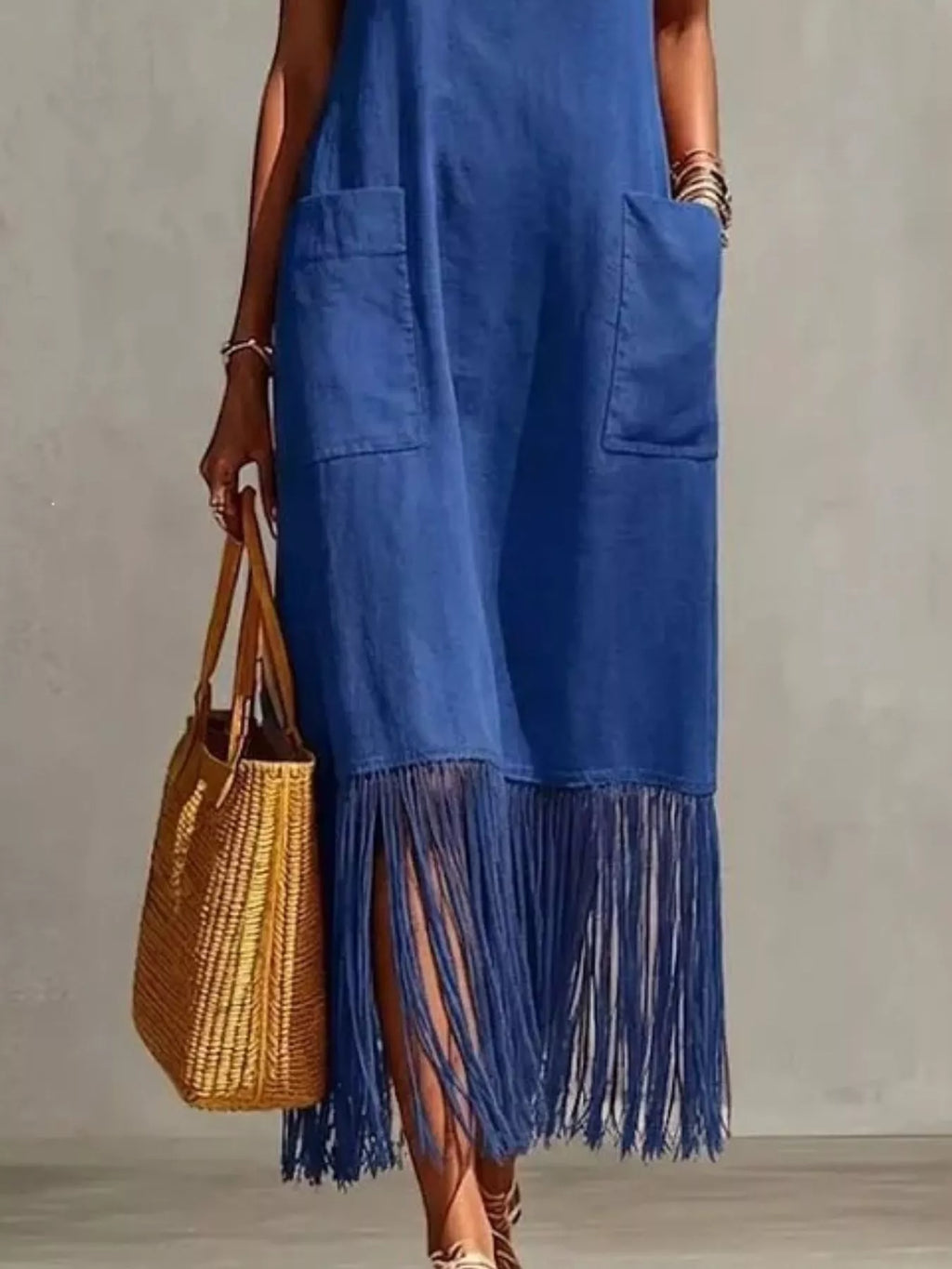 Primakind Full Size Fringe V-Neck Spaghetti Strap Dress Plus Size