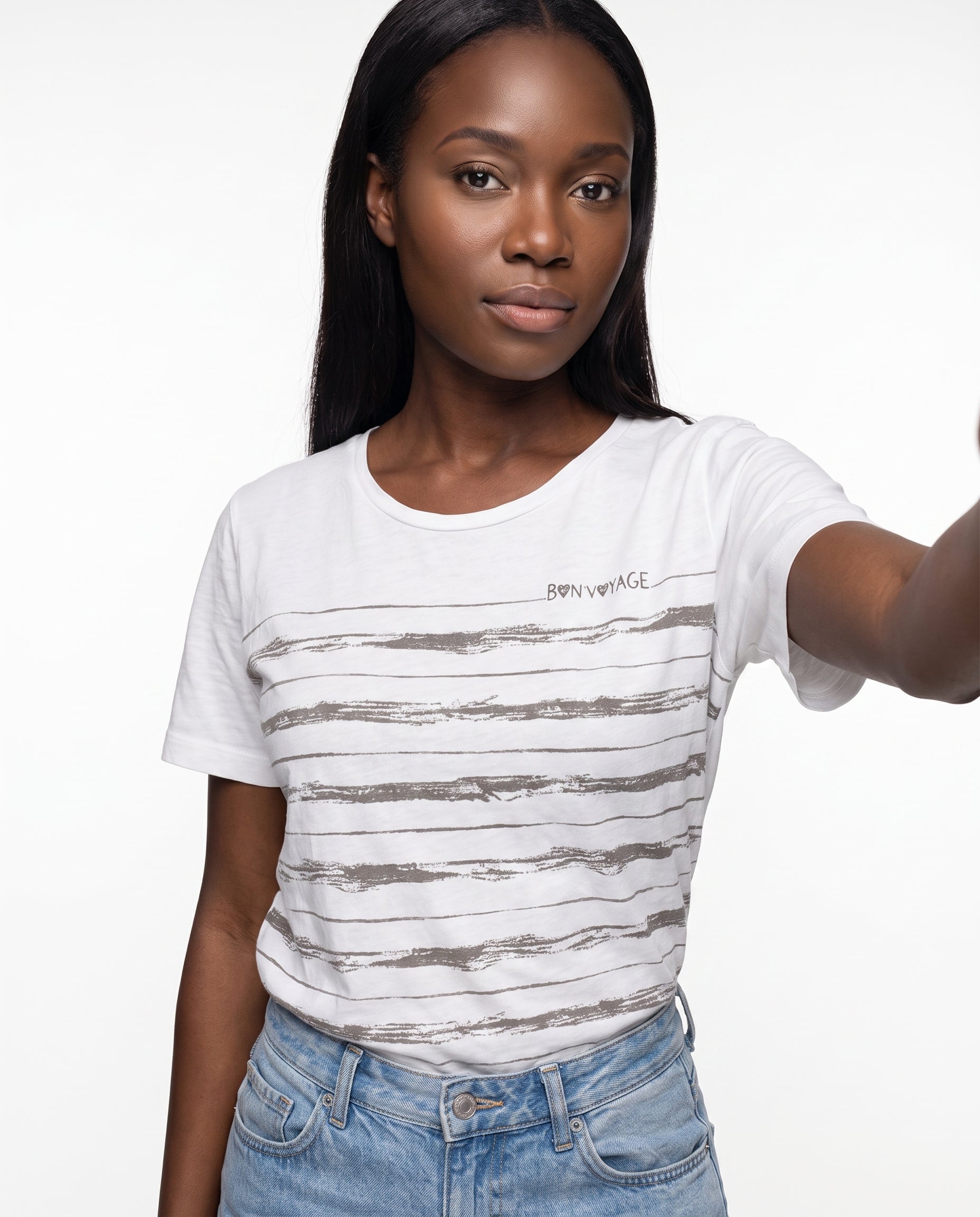 Primakind Women's "Bon Voyage" Striped Graphic T-Shirt
