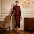 Primakind Draped Satin Skirt Dress with Jeweled Brooch