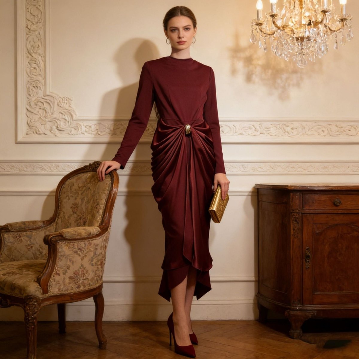 Primakind Draped Satin Skirt Dress with Jeweled Brooch