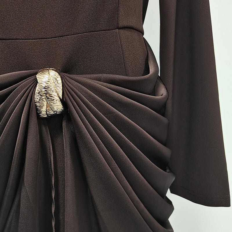 Primakind Draped Satin Skirt Dress with Jeweled Brooch