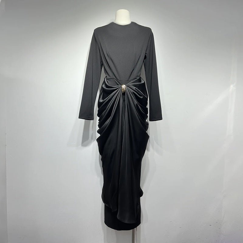 Primakind Draped Satin Skirt Dress with Jeweled Brooch