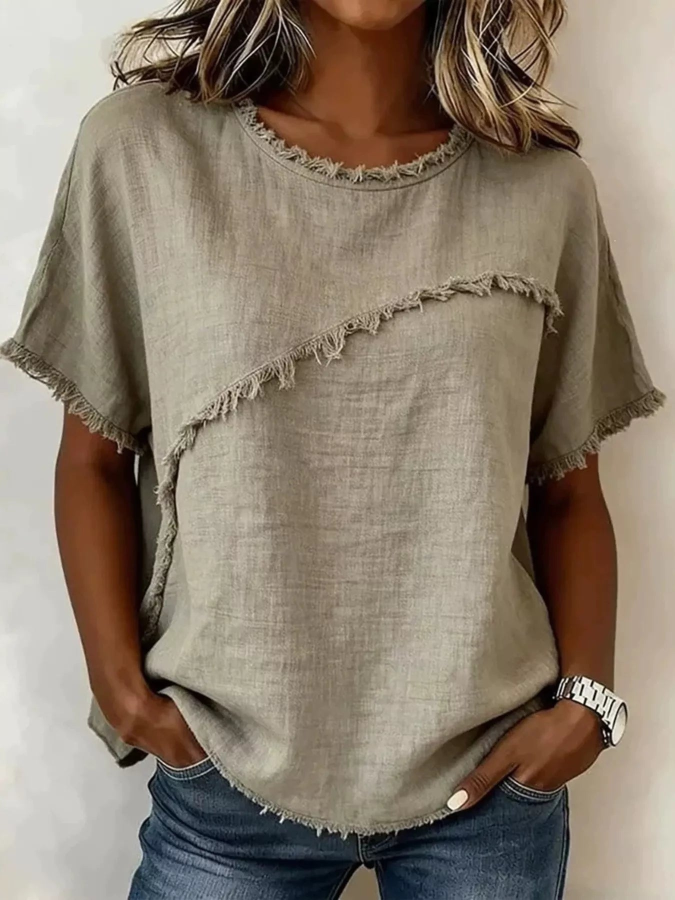 Primakind Full Size Frayed Hem Short Sleeve Top Plus Size