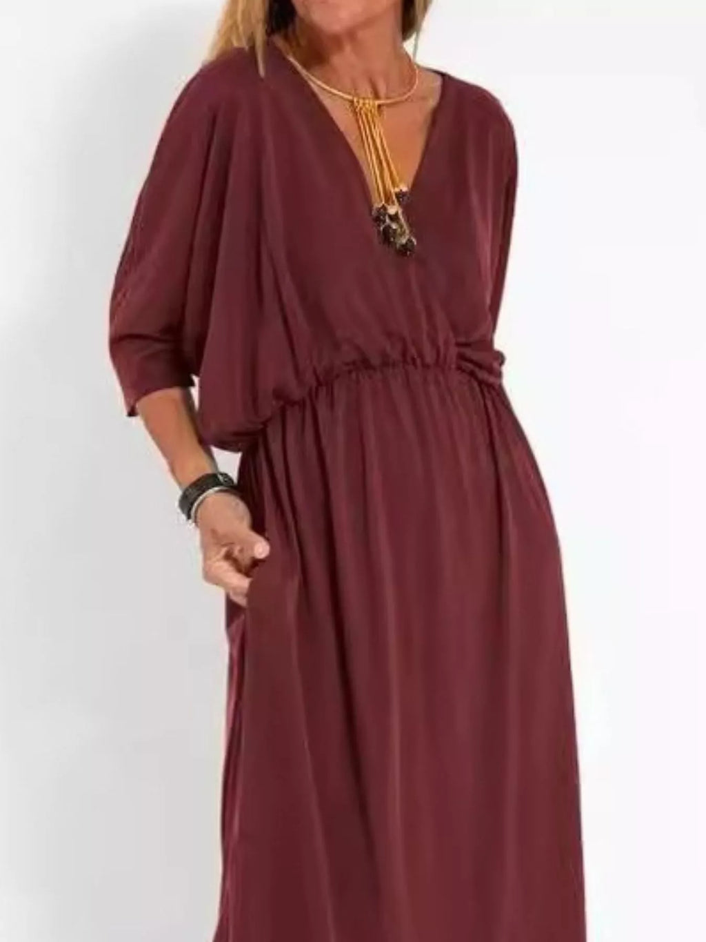 Primakind Full Size V-Neck Batwing Sleeve Maxi Dress Plus Size