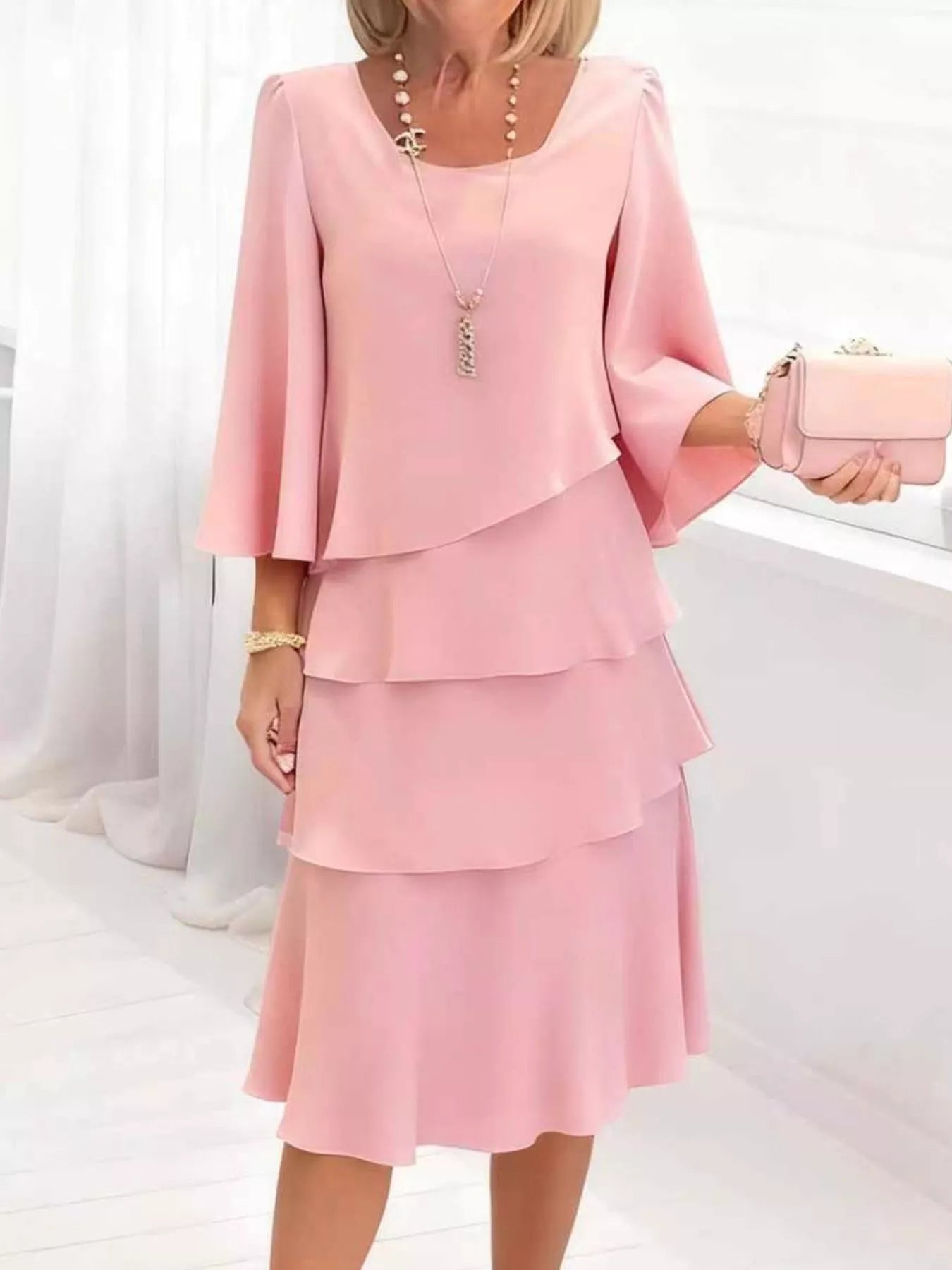 Primakind Full Size Ruffled Layered 3/4 Sleeve Dress Plus Size