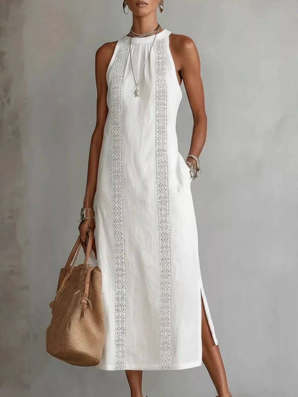 Primakind Full Size Sleeveless Lace Trim Midi Dress Plus Size