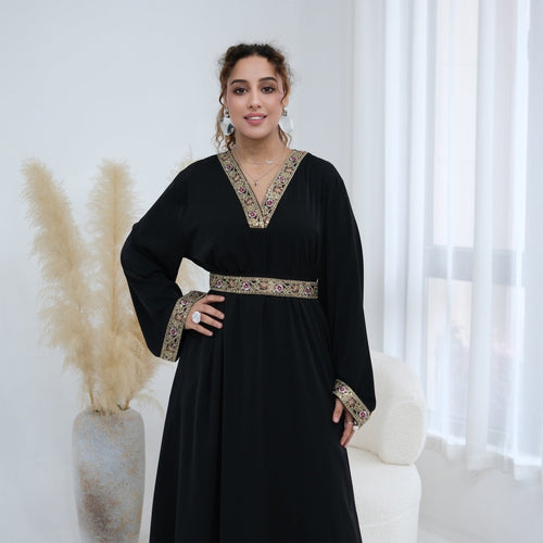 Floral Embroidered V-Neck Nida Maxi Dress(MA448)