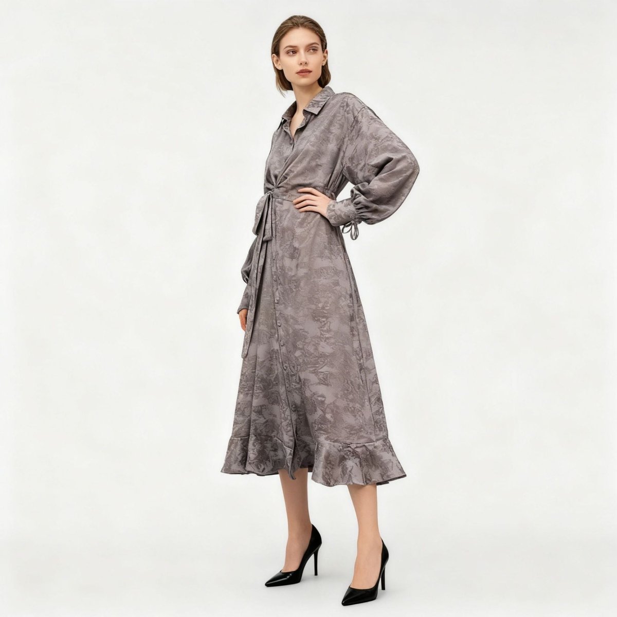 Primakind Floral Jacquard Wrap Dress | Collared Tie-Sleeve Maxi Dress