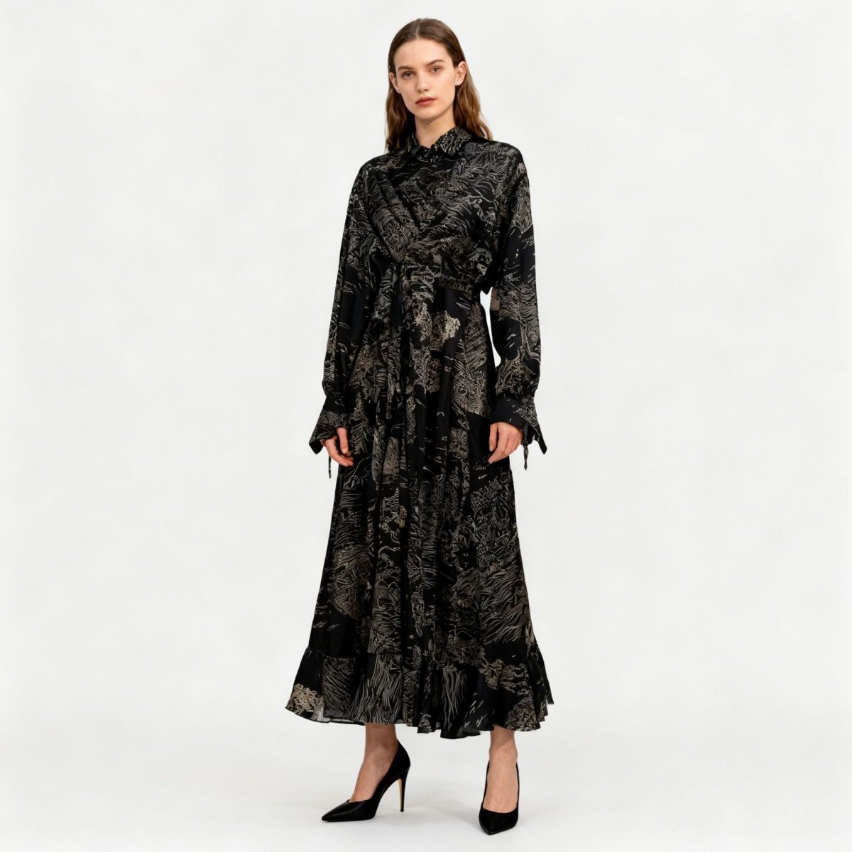 Primakind Floral Jacquard Wrap Dress | Collared Tie-Sleeve Maxi Dress
