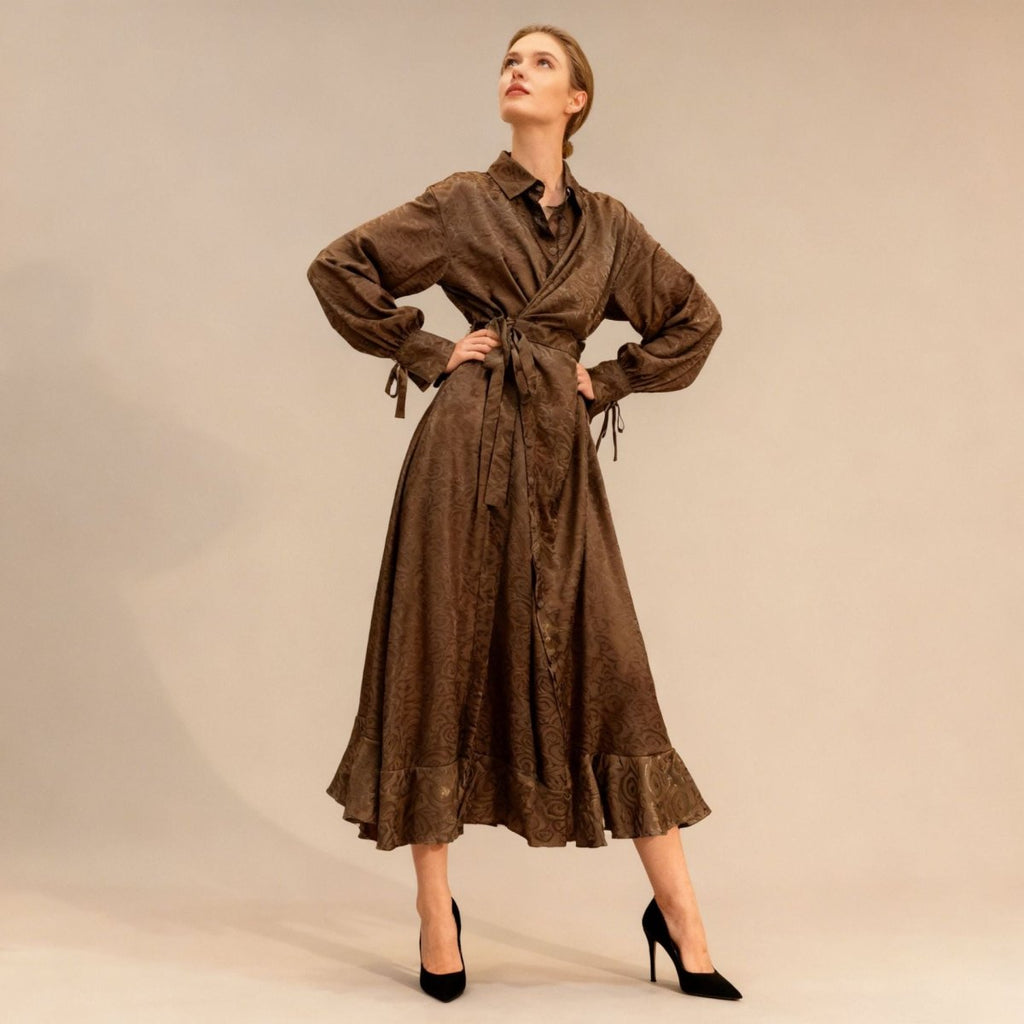 Primakind Floral Jacquard Wrap Dress | Collared Tie-Sleeve Maxi Dress
