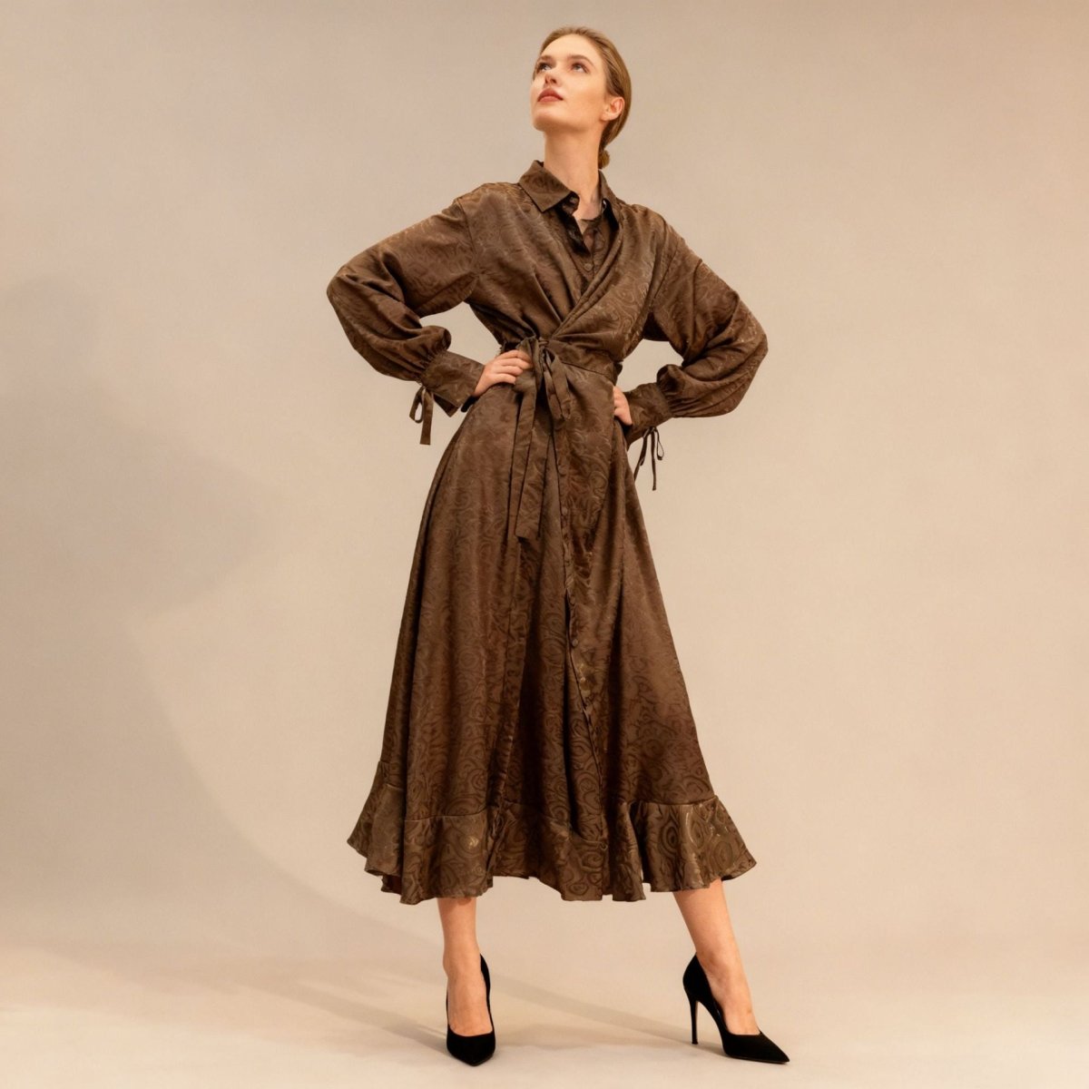 Primakind Floral Jacquard Wrap Dress | Collared Tie-Sleeve Maxi Dress