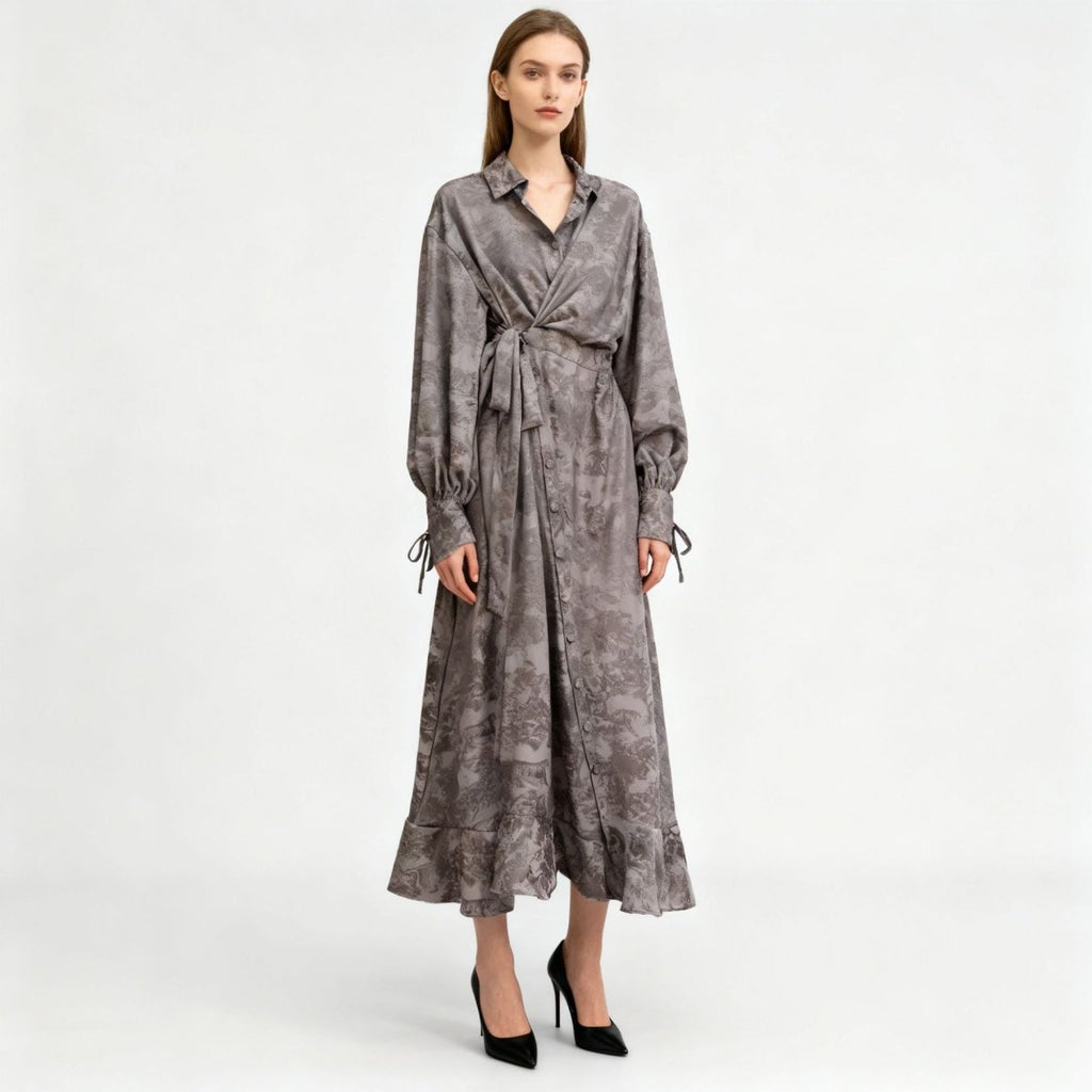 Primakind Floral Jacquard Wrap Dress | Collared Tie-Sleeve Maxi Dress