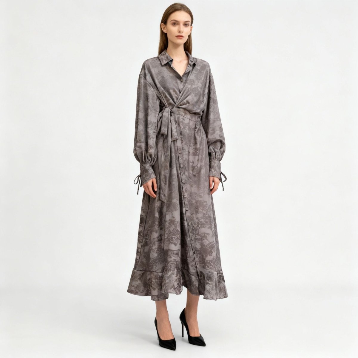 Primakind Floral Jacquard Wrap Dress | Collared Tie-Sleeve Maxi Dress