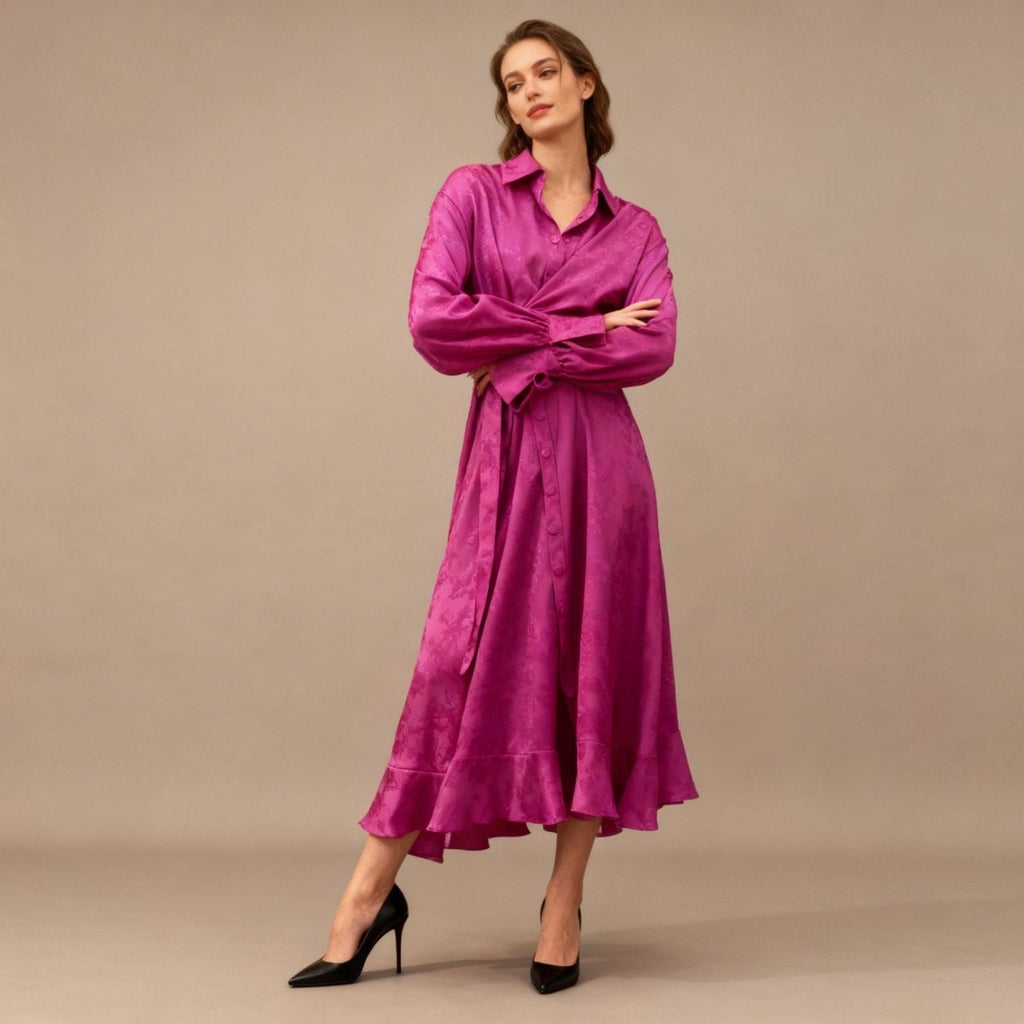 Primakind Floral Jacquard Wrap Dress | Collared Tie-Sleeve Maxi Dress