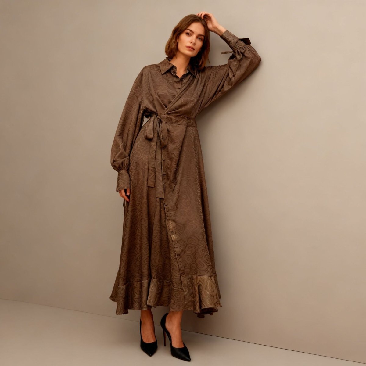 Primakind Floral Jacquard Wrap Dress | Collared Tie-Sleeve Maxi Dress