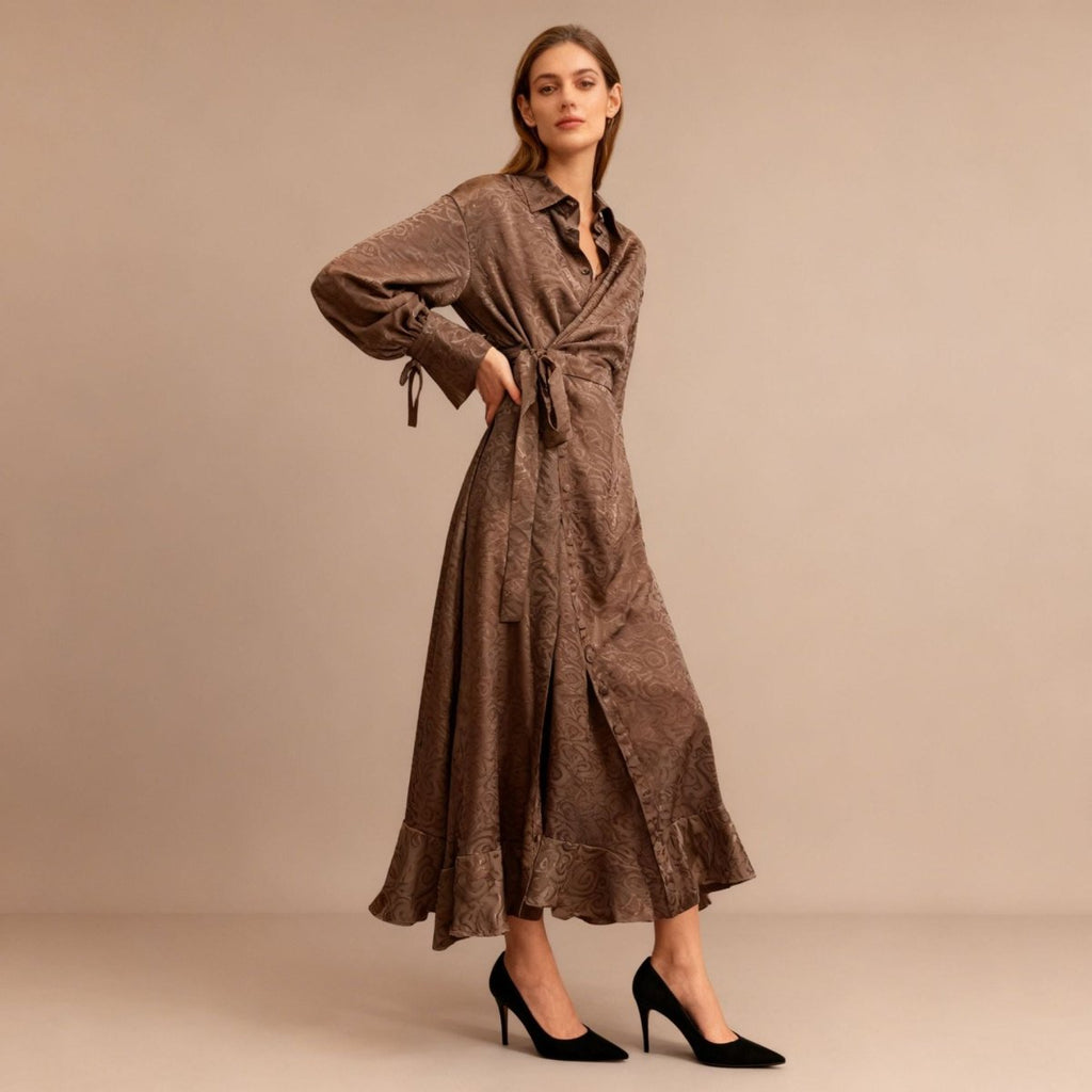 Primakind Floral Jacquard Wrap Dress | Collared Tie-Sleeve Maxi Dress