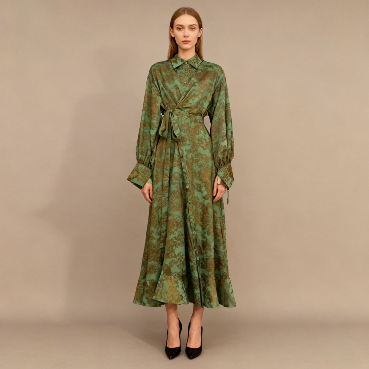 Primakind Floral Jacquard Wrap Dress | Collared Tie-Sleeve Maxi Dress
