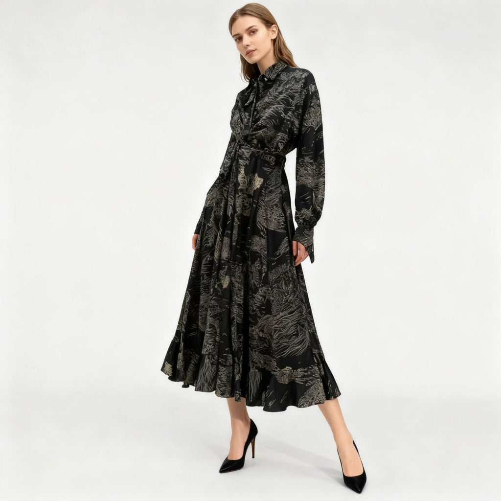 Primakind Floral Jacquard Wrap Dress | Collared Tie-Sleeve Maxi Dress