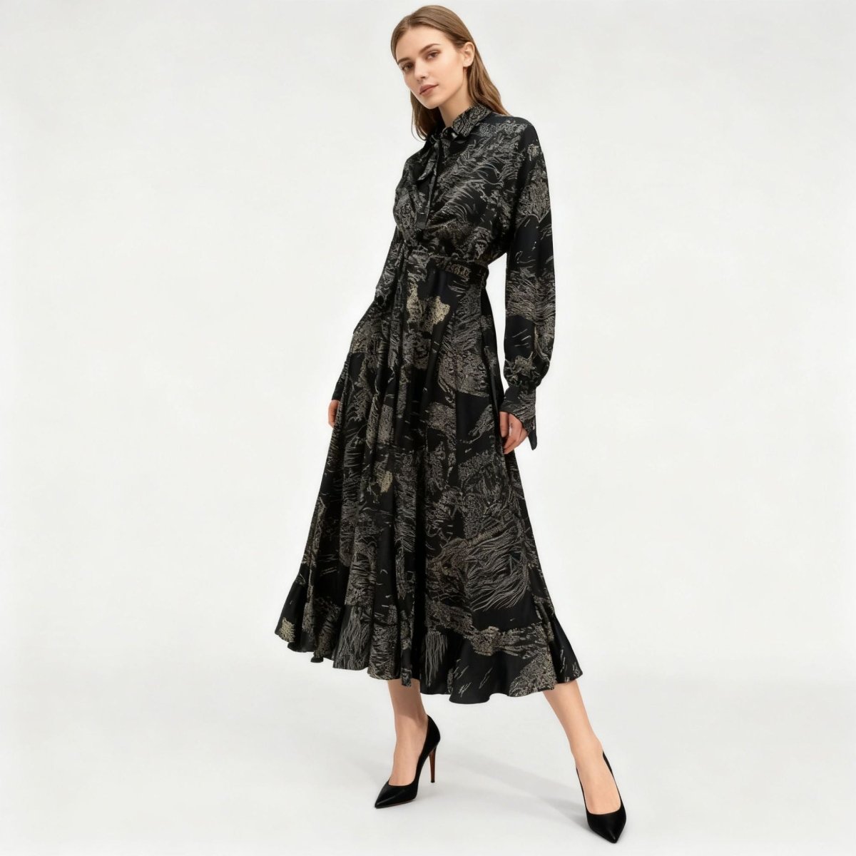 Primakind Floral Jacquard Wrap Dress | Collared Tie-Sleeve Maxi Dress