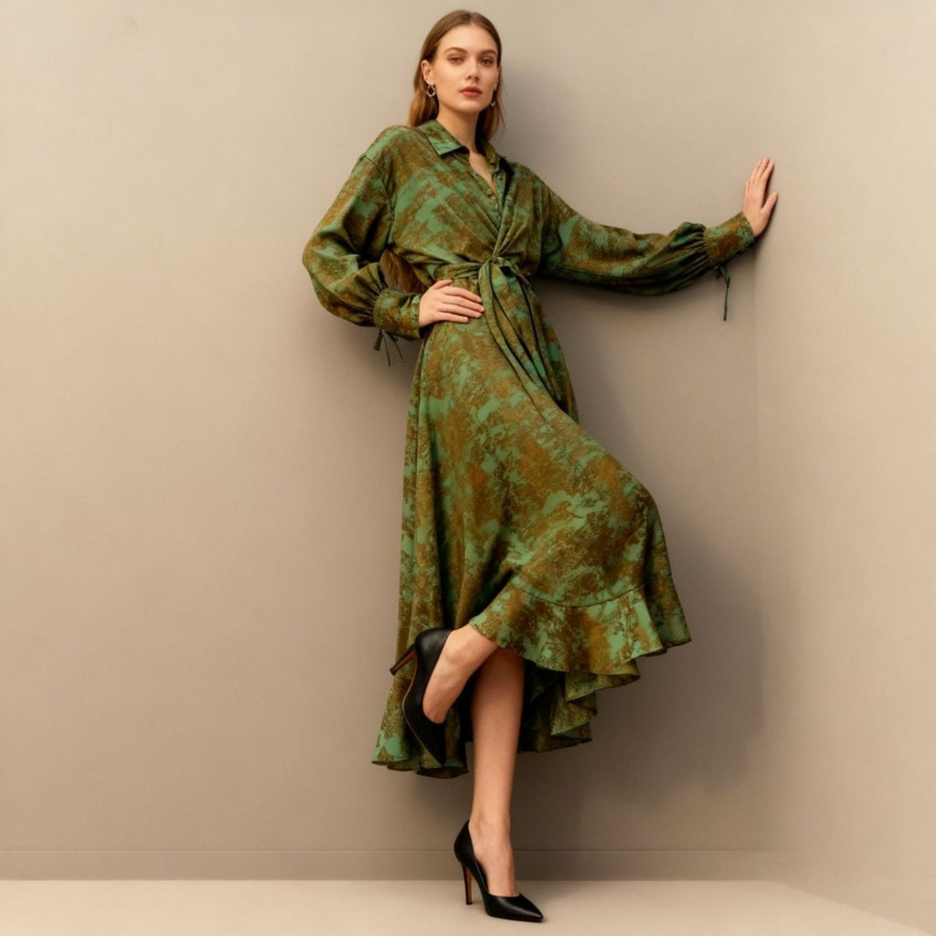 Primakind Floral Jacquard Wrap Dress | Collared Tie-Sleeve Maxi Dress