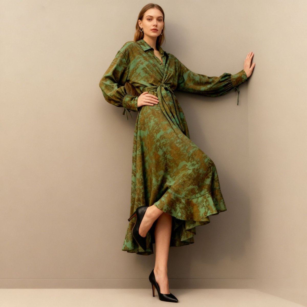 Primakind Floral Jacquard Wrap Dress | Collared Tie-Sleeve Maxi Dress