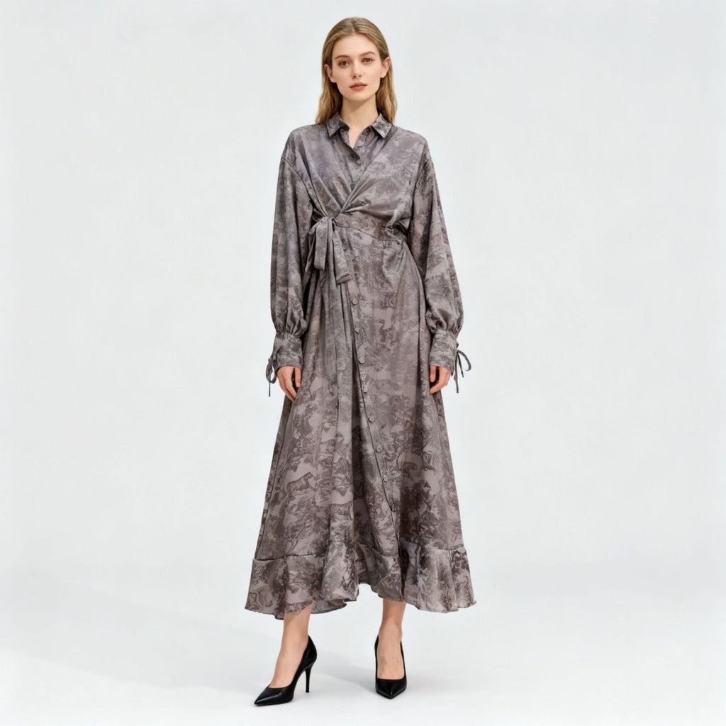 Primakind Floral Jacquard Wrap Dress | Collared Tie-Sleeve Maxi Dress