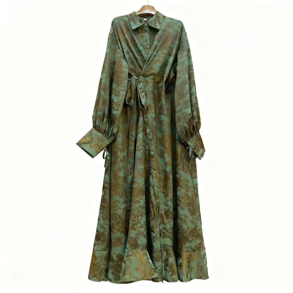 Primakind Floral Jacquard Wrap Dress | Collared Tie-Sleeve Maxi Dress