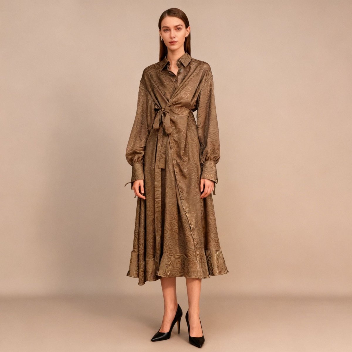 Primakind Floral Jacquard Wrap Dress | Collared Tie-Sleeve Maxi Dress
