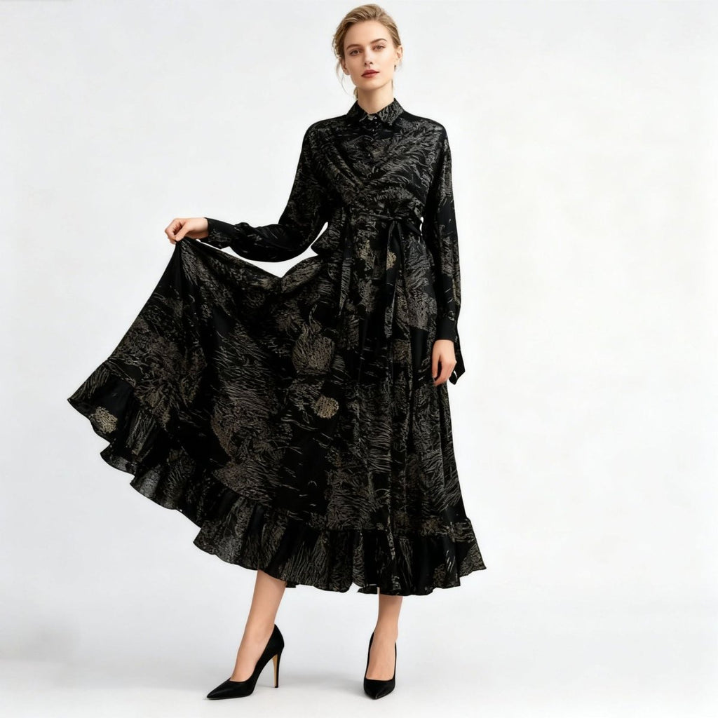 Primakind Floral Jacquard Wrap Dress | Collared Tie-Sleeve Maxi Dress