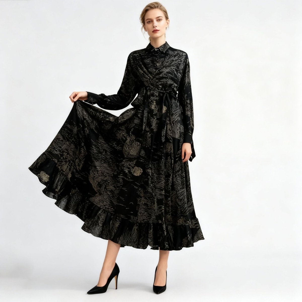 Primakind Floral Jacquard Wrap Dress | Collared Tie-Sleeve Maxi Dress