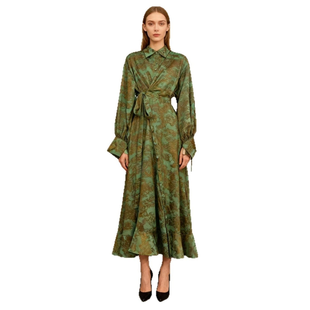 Primakind Floral Jacquard Wrap Dress | Collared Tie-Sleeve Maxi Dress