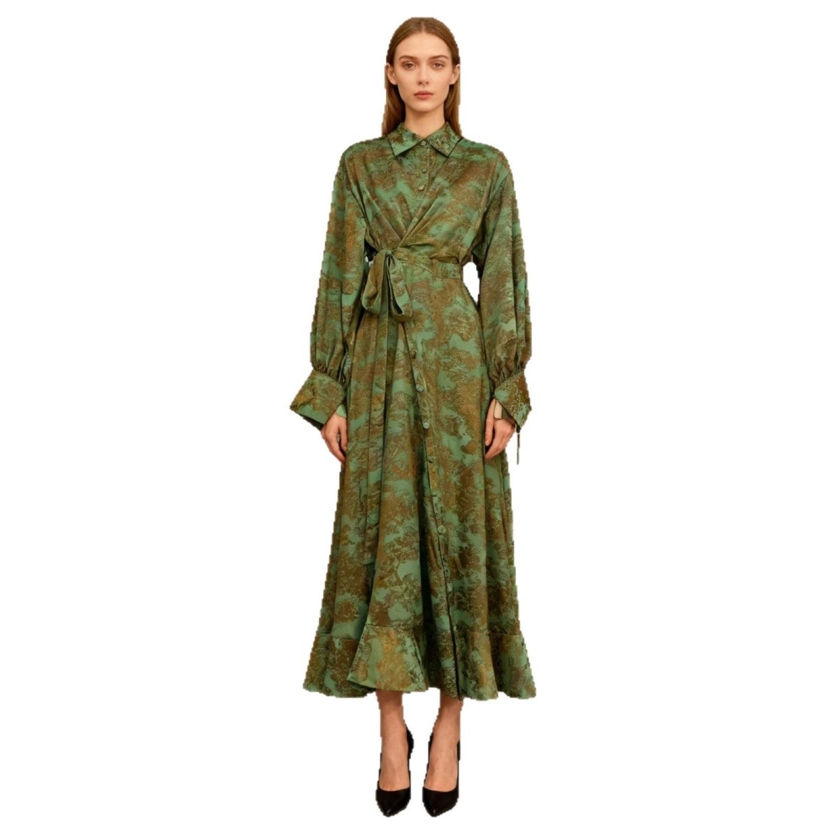 Primakind Floral Jacquard Wrap Dress | Collared Tie-Sleeve Maxi Dress