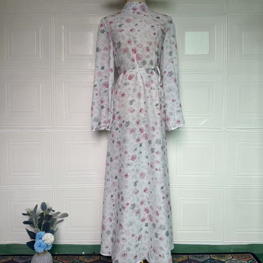 PrimaKind Floral Print Flared-Sleeve Waist Belt Maxi Dress