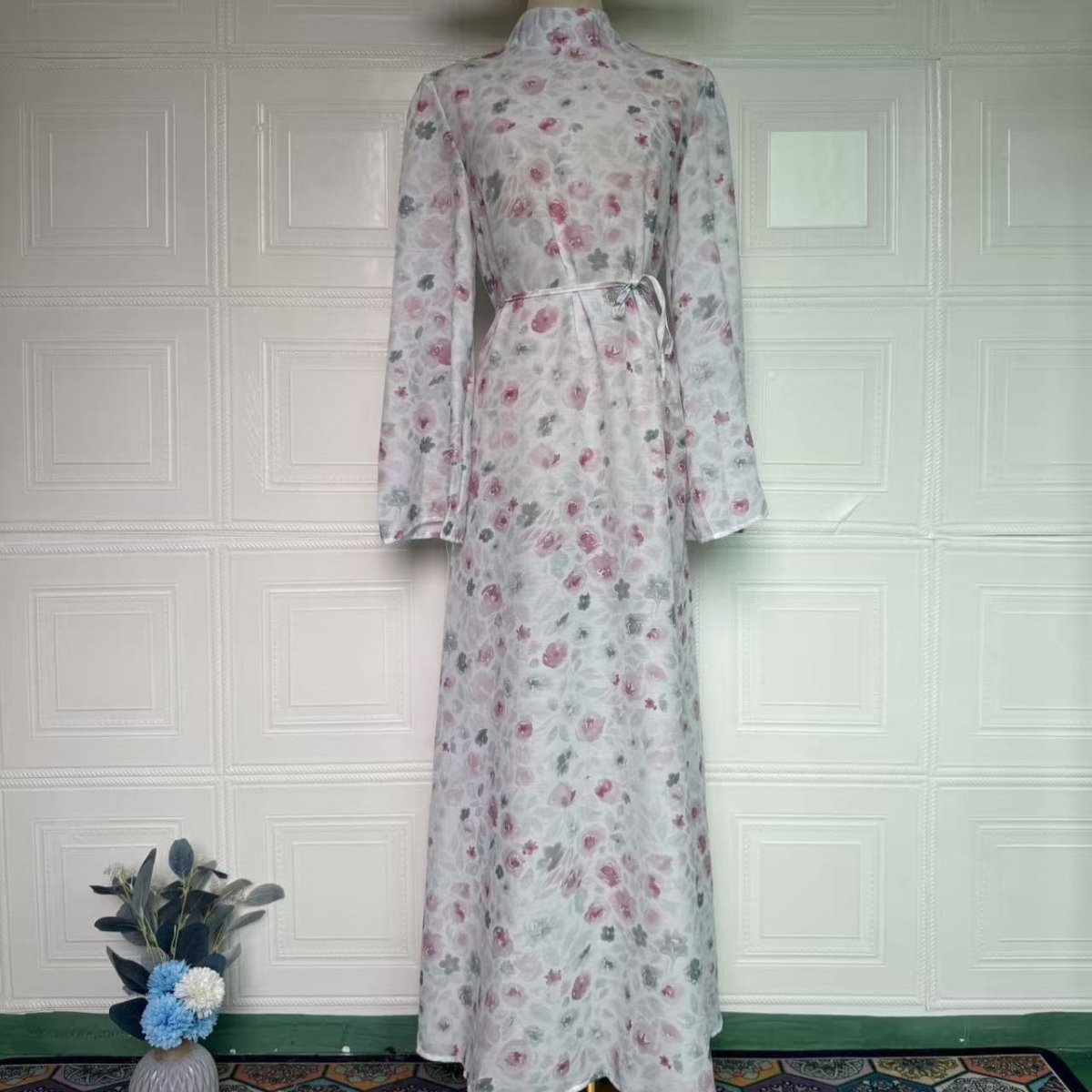 PrimaKind Floral Print Flared-Sleeve Waist Belt Maxi Dress