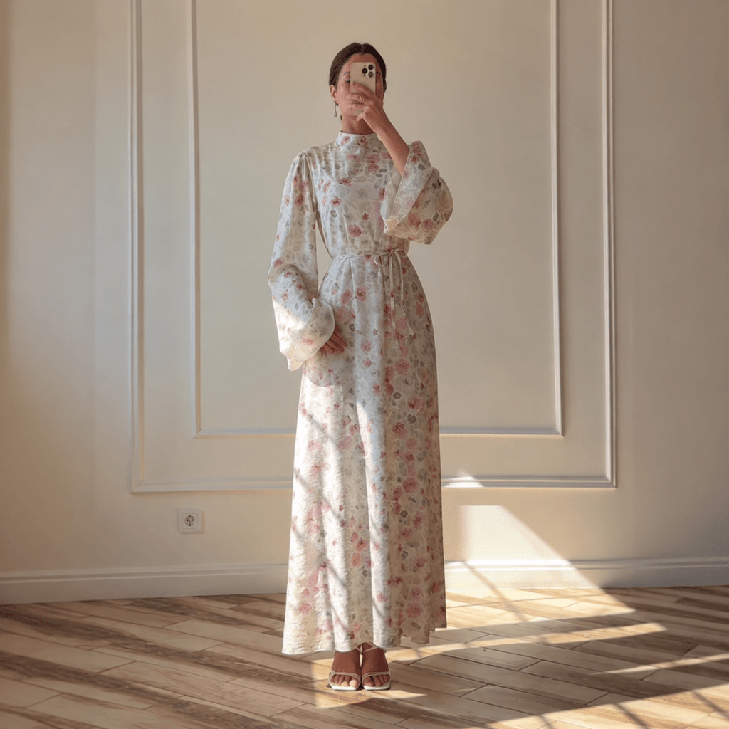 PrimaKind Floral Print Flared-Sleeve Waist Belt Maxi Dress