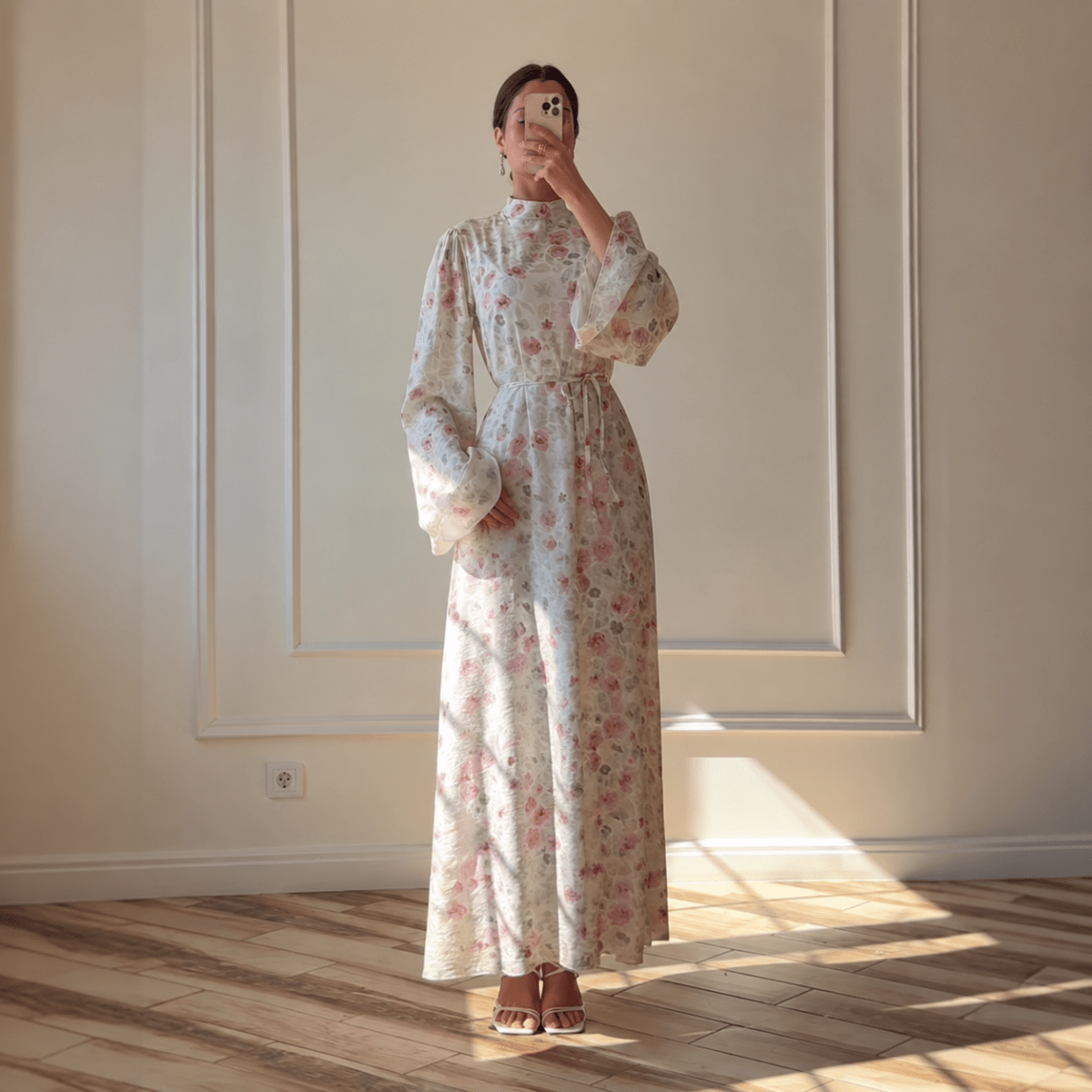 PrimaKind Floral Print Flared-Sleeve Waist Belt Maxi Dress