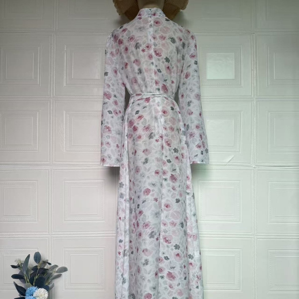 PrimaKind Floral Print Flared-Sleeve Waist Belt Maxi Dress