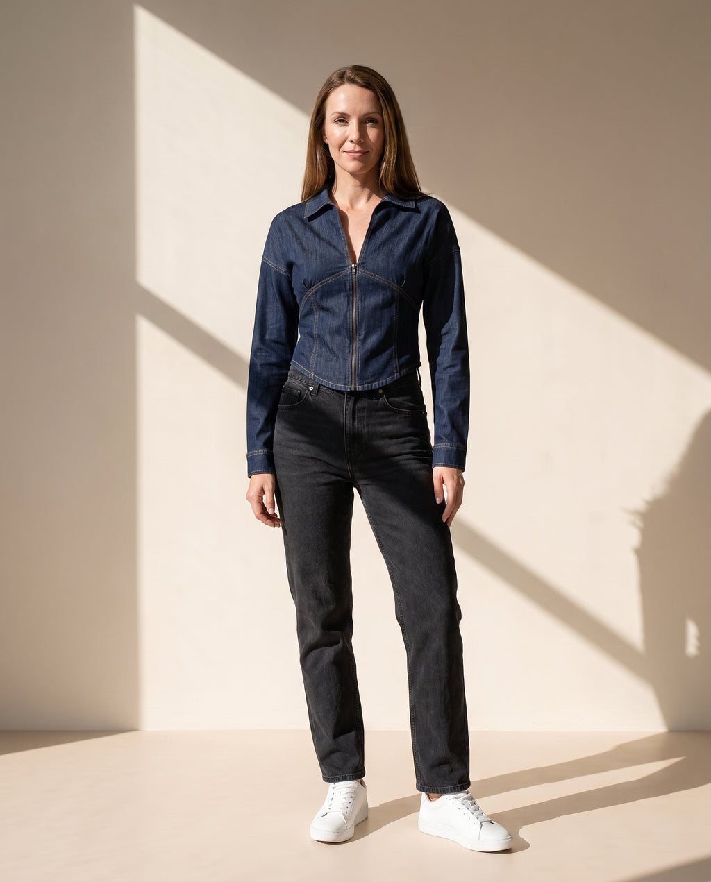 Primakind Women's Denim Zip-Front Fitted Shirt