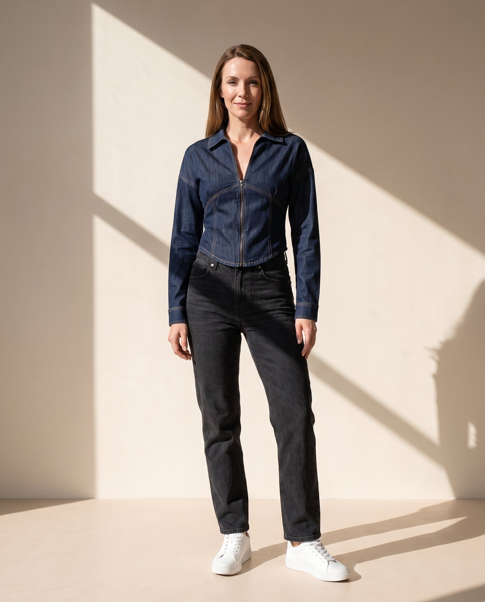 Primakind Women's Denim Zip-Front Fitted Shirt