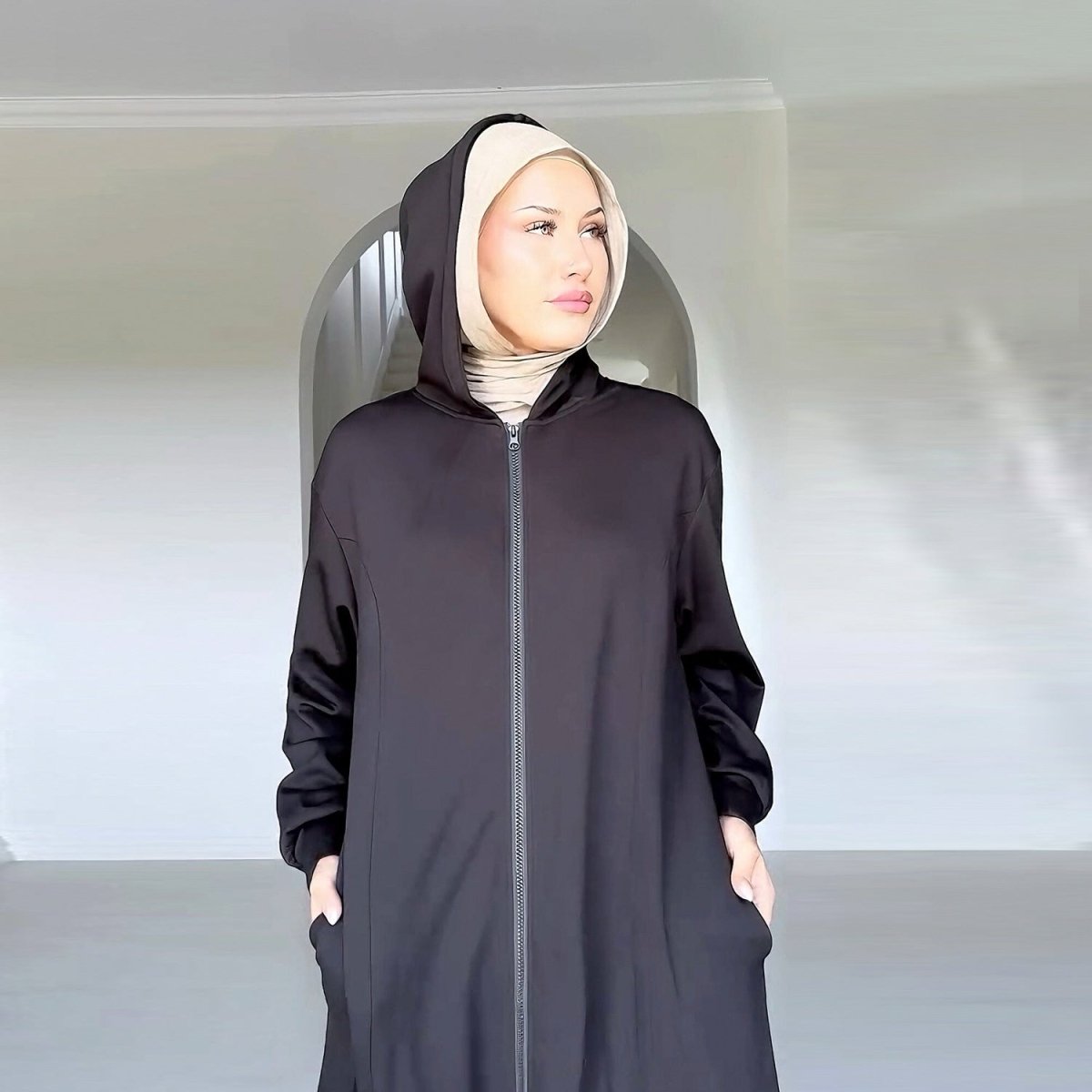 Primakind Hooded Zip-Front Abaya with Pockets