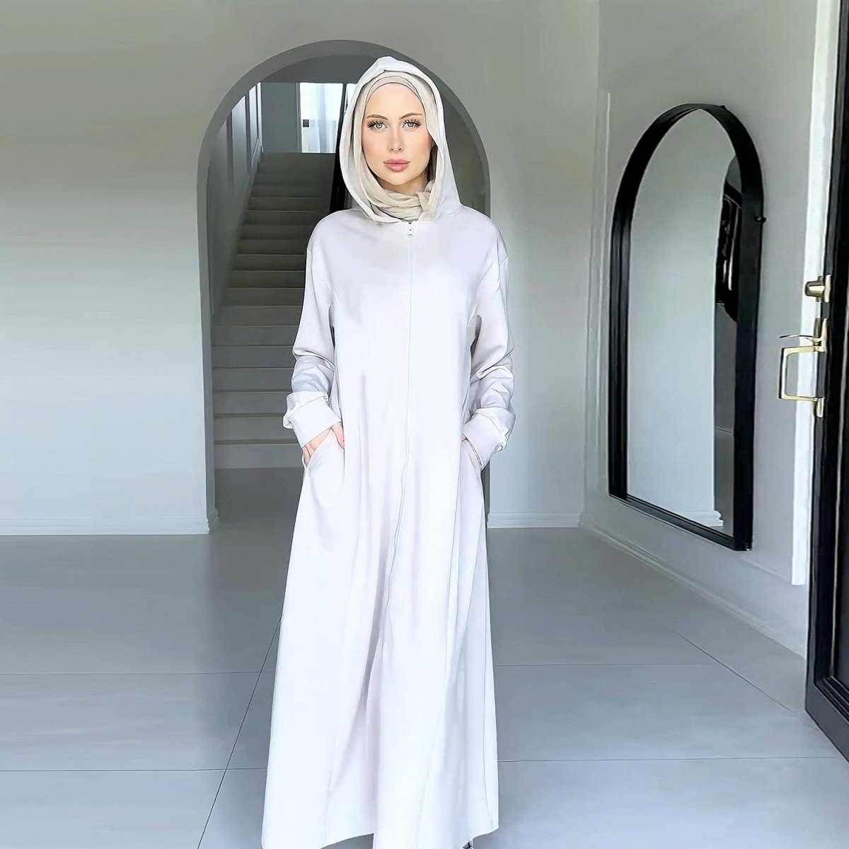 Primakind Hooded Zip-Front Abaya with Pockets