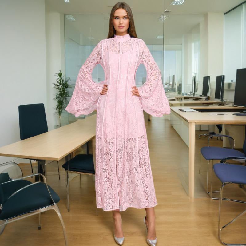Primakind Lace Stand Collar Bell Sleeve Maxi Dress