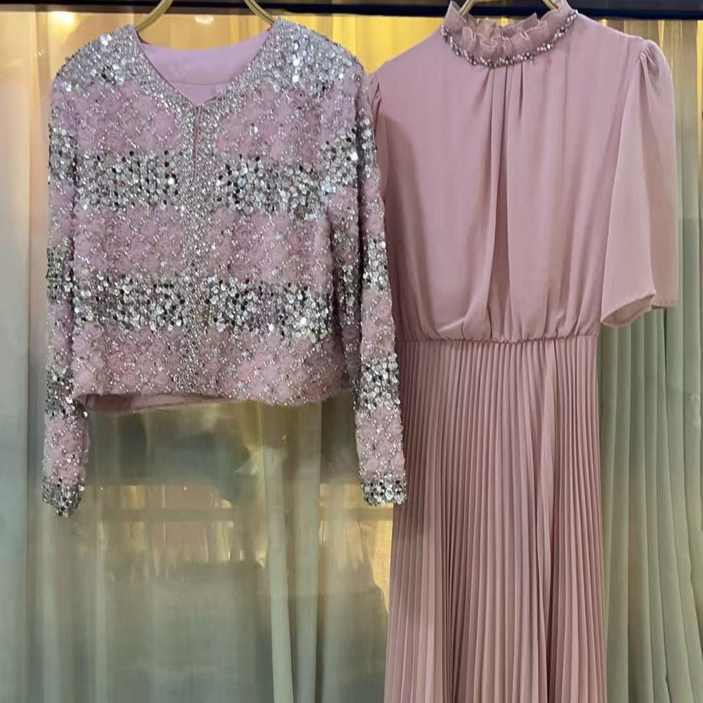 Primakind Luxury Pearl Beaded Diamond Grid Jacket & Pleated Dress Set