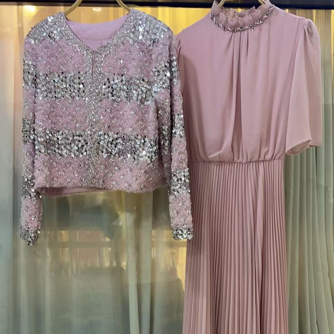 Primakind Luxury Pearl Beaded Diamond Grid Jacket & Pleated Dress Set