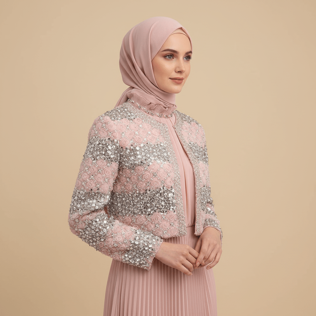Primakind Luxury Pearl Beaded Diamond Grid Jacket & Pleated Dress Set