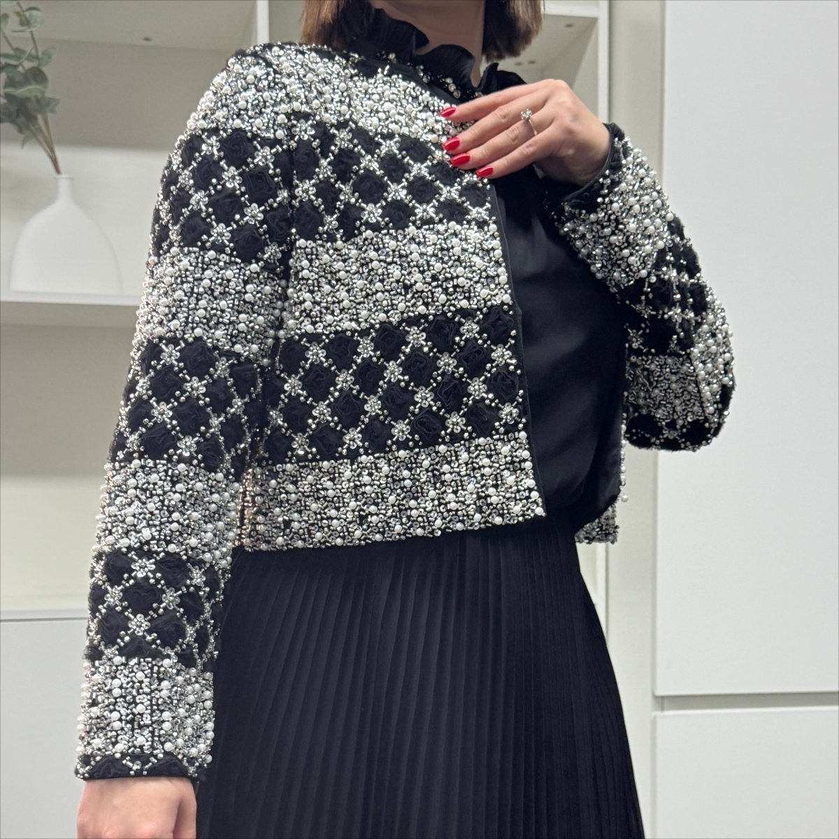 Primakind Luxury Pearl Beaded Diamond Grid Jacket & Pleated Dress Set